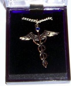 Talisman placat - Caduceu cu cristal albastru